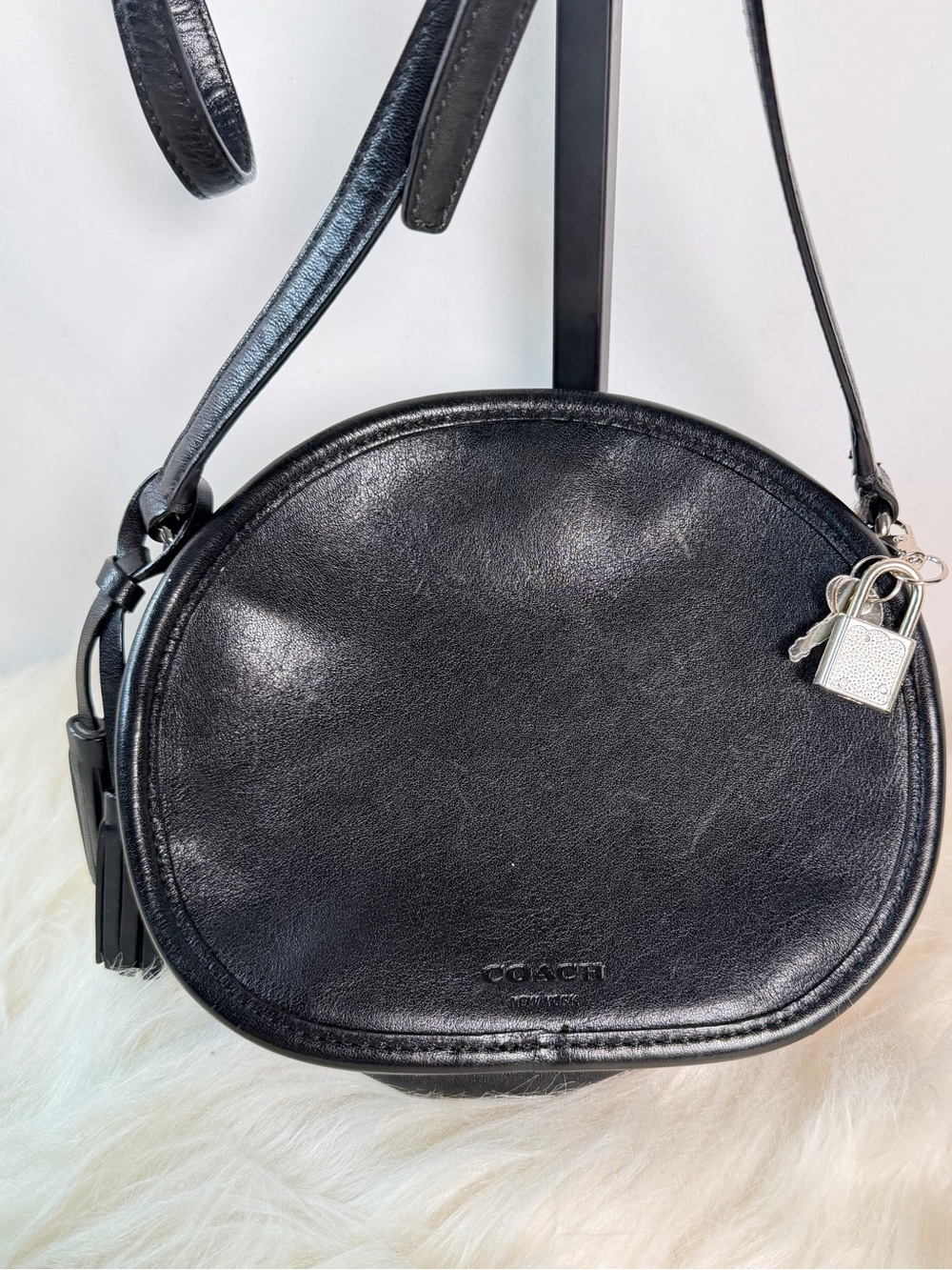 Coach Black Leather Round Crossbody with Silver Padlock Charm